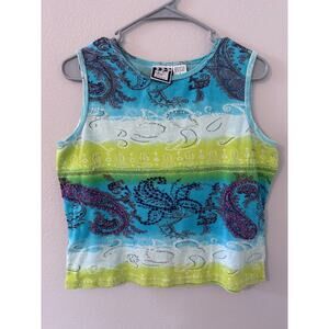 Vintage Take Two womens size large cotton tank with sparkles feathers blue green